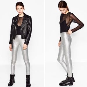 ZARA Trafaluc Collection Silver Metallic Ankle Zip Pants Leggings Size Small